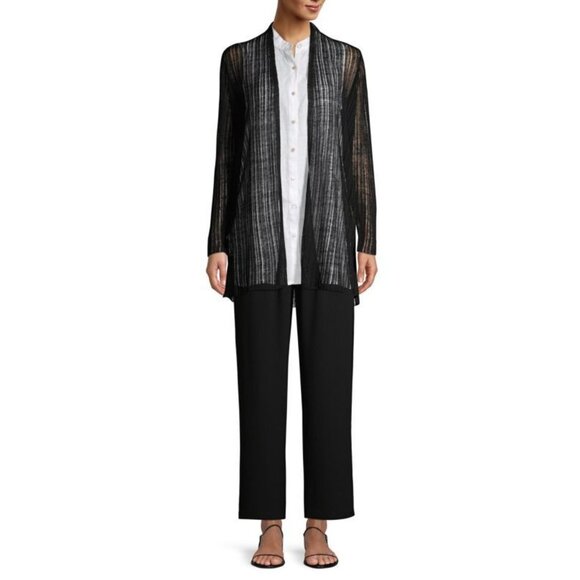 Eileen Fisher Cardigan Organic Italian Linen Blend Open Knit Duster Crepe Black - Picture 5 of 14